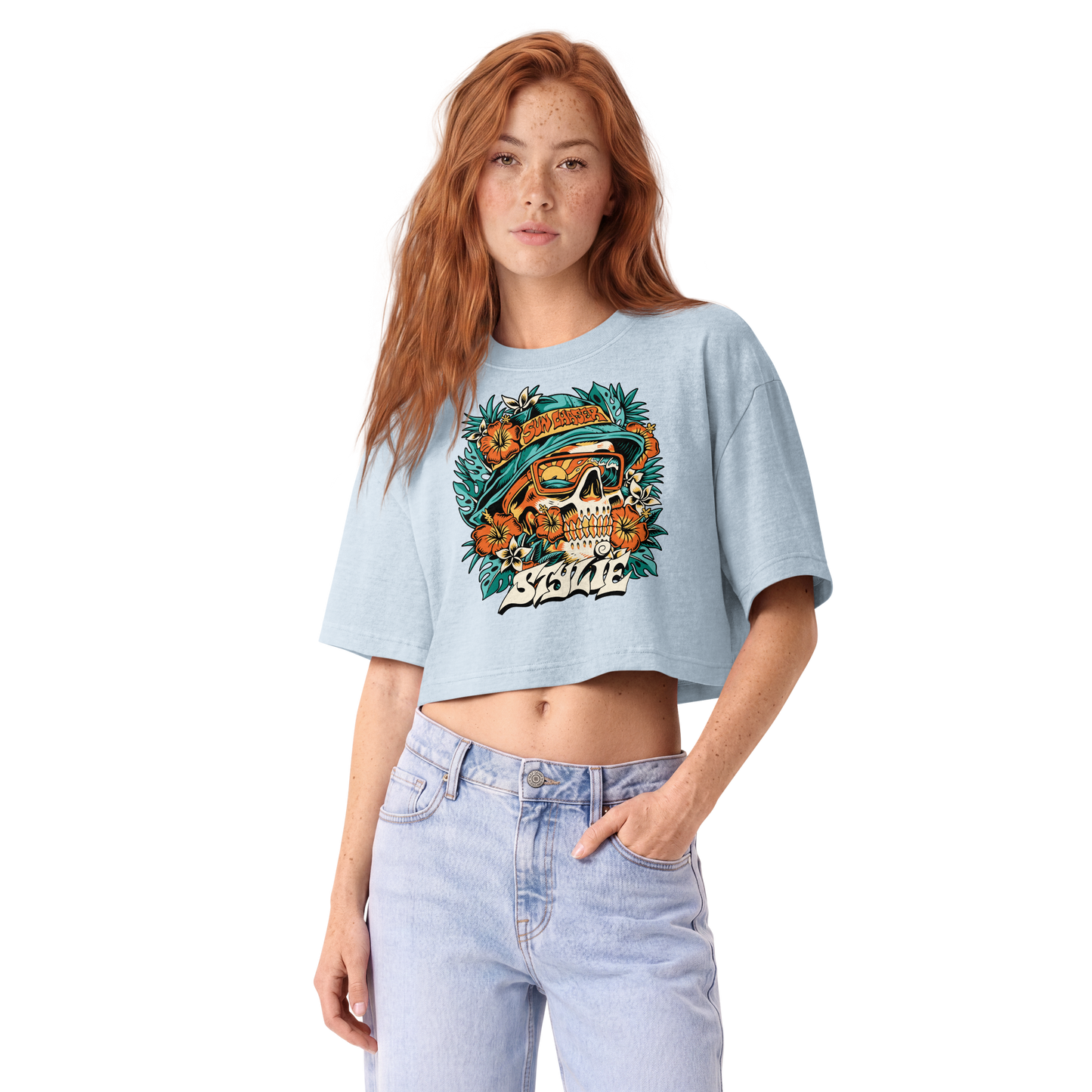 Sun Chaser Women's Cropped Tee (Light Washed Denim)